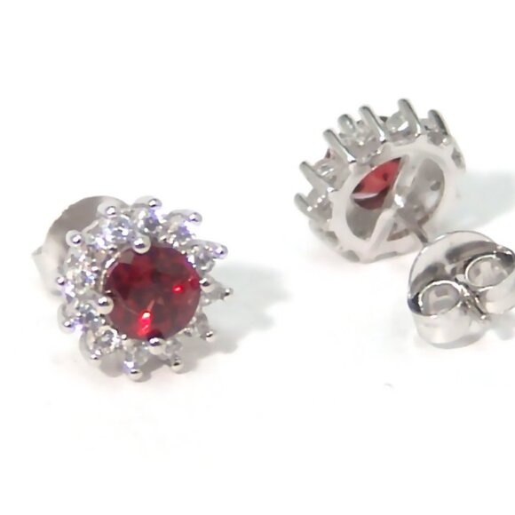 Sterling Silver Genuine Garnet Stud Earrings Cubic Zirconia Halo Carded - Picture 3 of 5